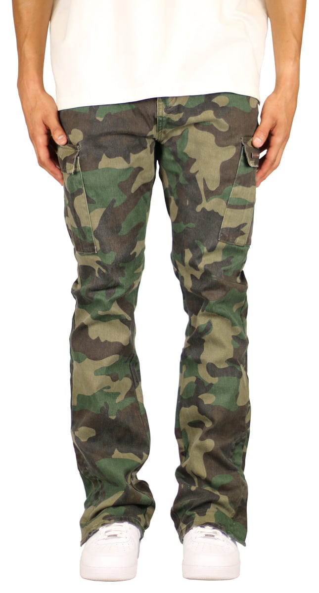 Green Camouflage Denim Flare Pants for Autumn Chic Slim Fit Cargo Pockets Unisex main image 1