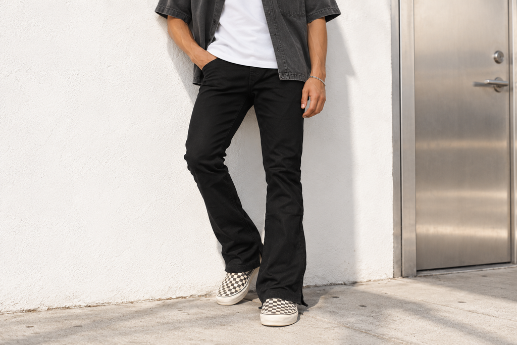 dress shoes black jeans How to Style Flare Pants for Men Roksanda Demetria Asymmetric Wool-Jersey PerformancePants Leg jeans quality leather upper Color:Black Blush