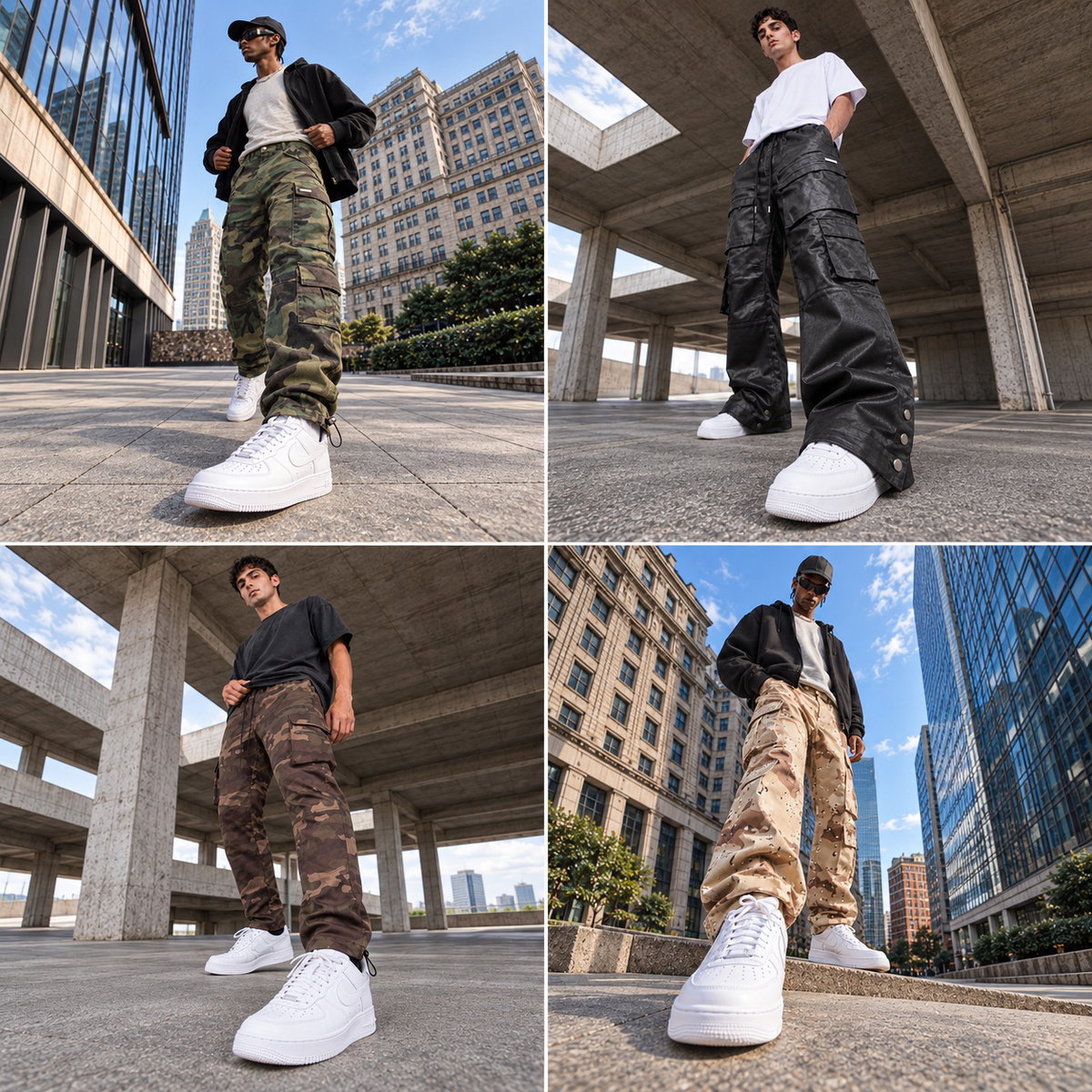 Four-panel editorial collage of models wearing green camouflage, black coated, brown camouflage and desert camouflage cargo pants with white sneakers.