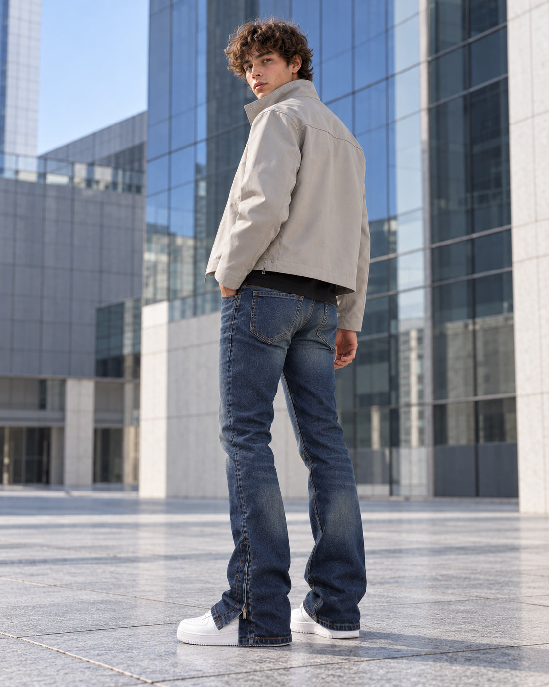 Editorial model in dark blue flared jeans, a light gray jacket and white sneakers, viewed from behind in a modern glass plaza.