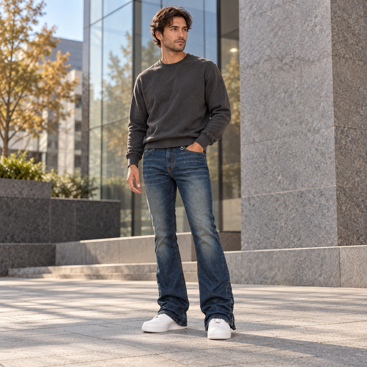 AI-generated editorial illustration: adult model in dark blue flared jeans and white sneakers beside modern stone and glass architecture.