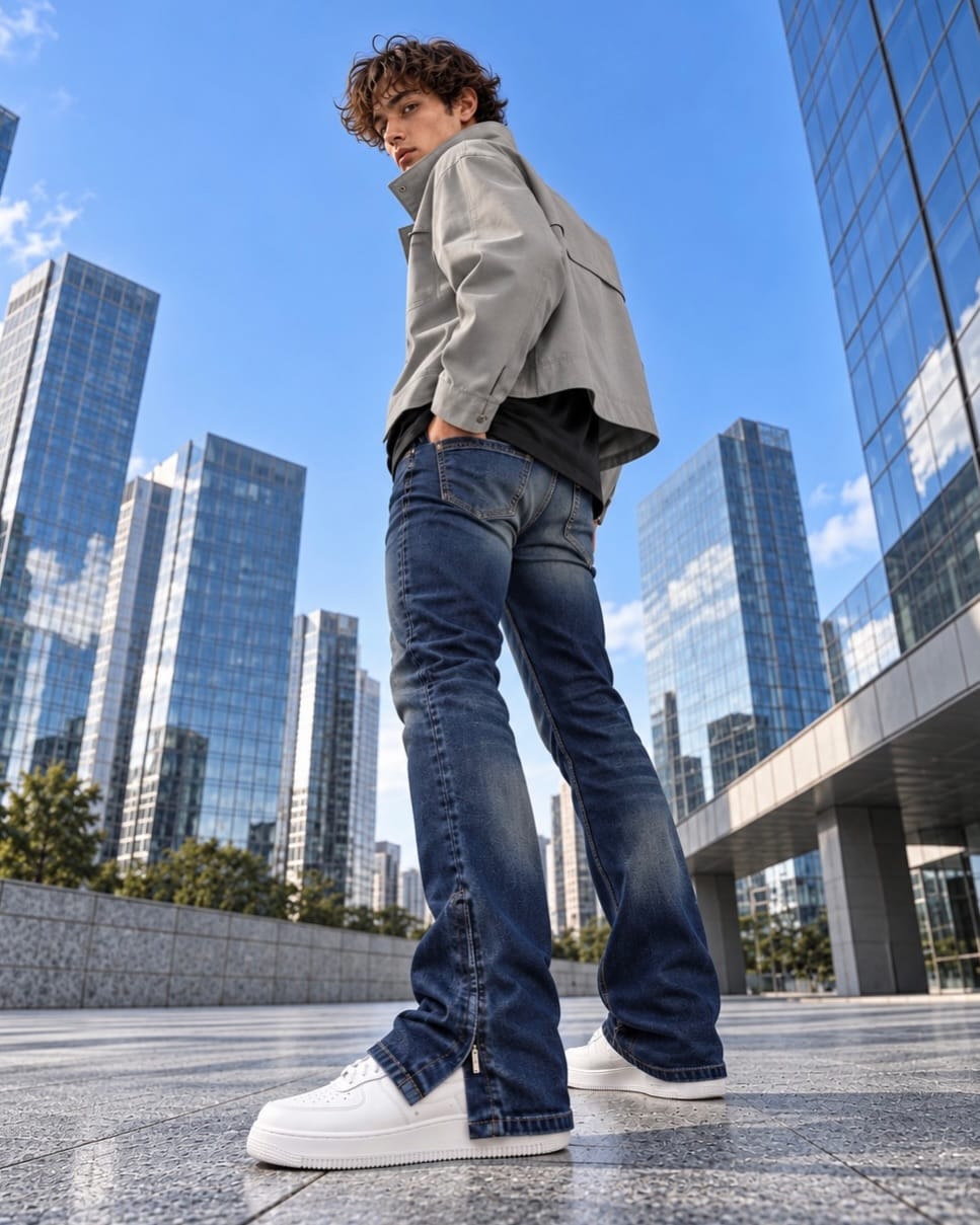 Dark Blue Flare Zipper Jeans