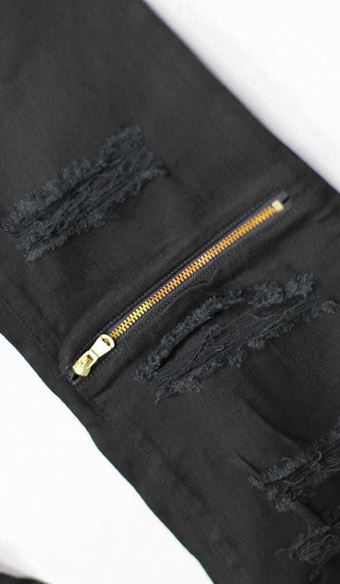 Slim Men Design Fashion Black Pants Knee Zipper Ripped Jeans Korean   Shopee Philippines