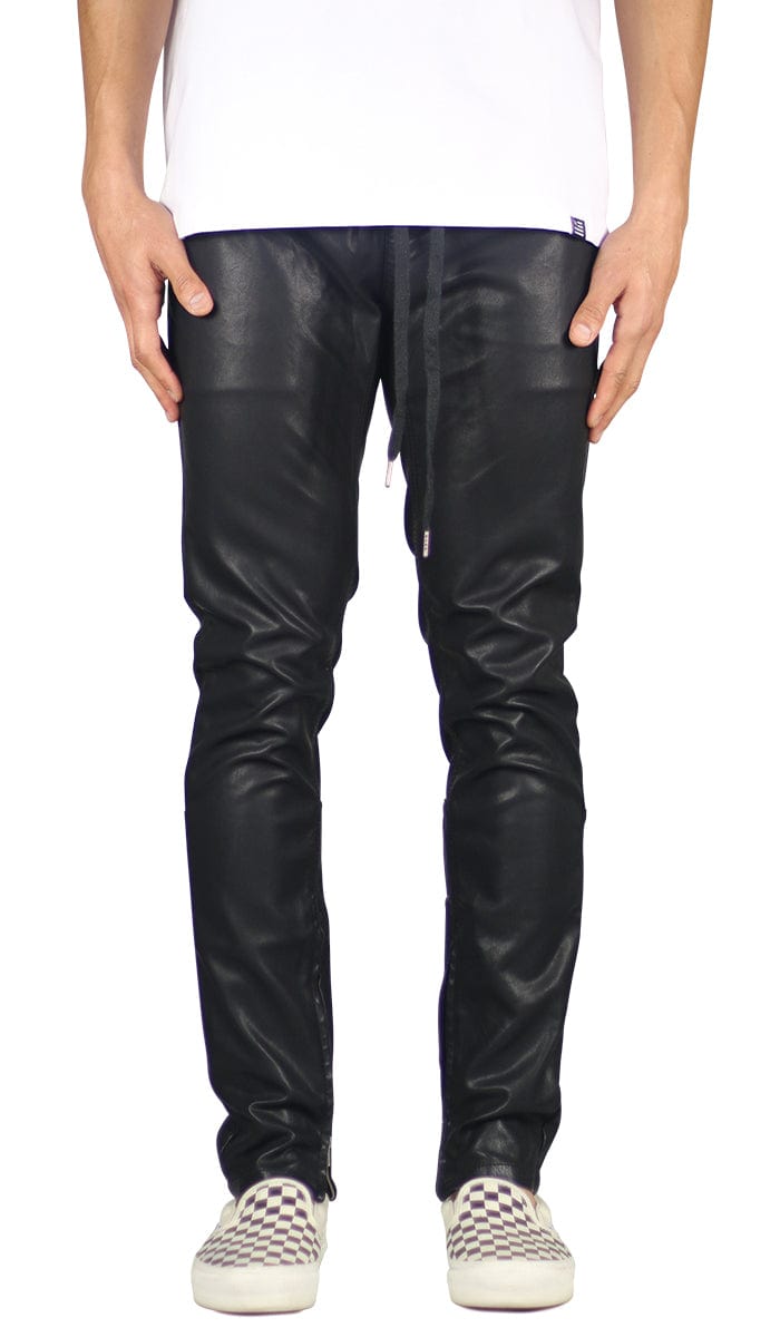 Men's Black Faux Leather Zipper Pants, High-Quality