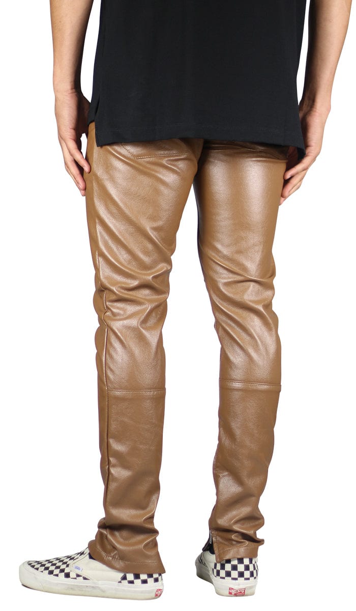 Men's Brown Faux Leather Zipper Pants, High-Quality