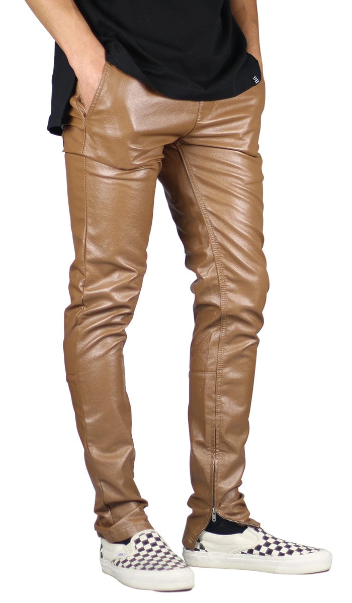 Men's Brown Faux Leather Zipper Pants | High-Quality | Hyper Denim