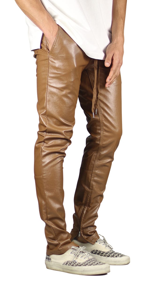 Men Brown Leather Trousers Men's Brown Faux Leather Zipper Pants
